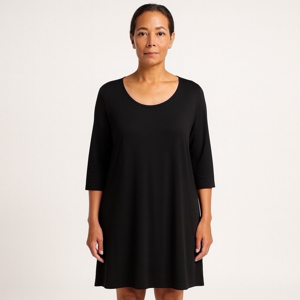Eileen Fisher‎ Black Jersey Knit Shift Dress 3/4 Sleeve Scoop Neck Women's M